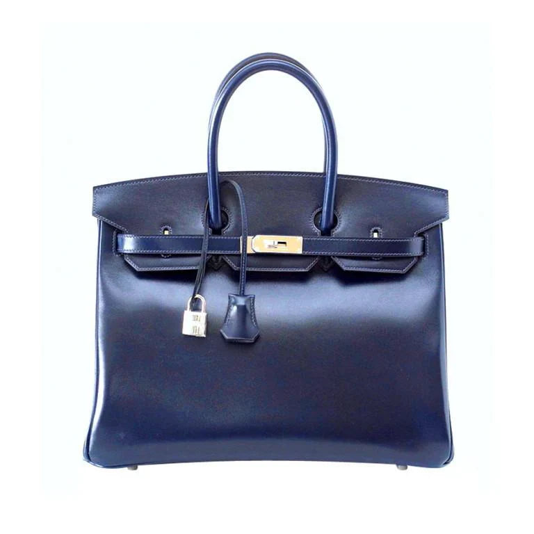 Birkin 35 Bag (Bleu) Blue Marine Coveted Rare Box Leather Palladium