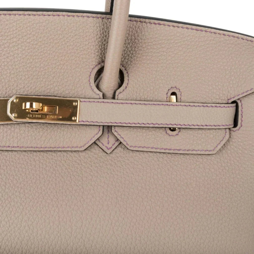 HSS Tri-Color Birkin 35 Gris Tourterelle Blue Paon & Purple Stitching Special Order Bag