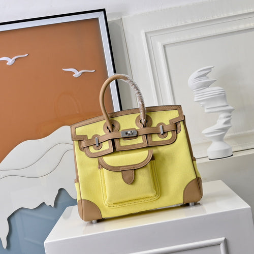 Birkin Cargo 25 Sesame and Lime Yellow Swift Leather Splicing Canvas Bag