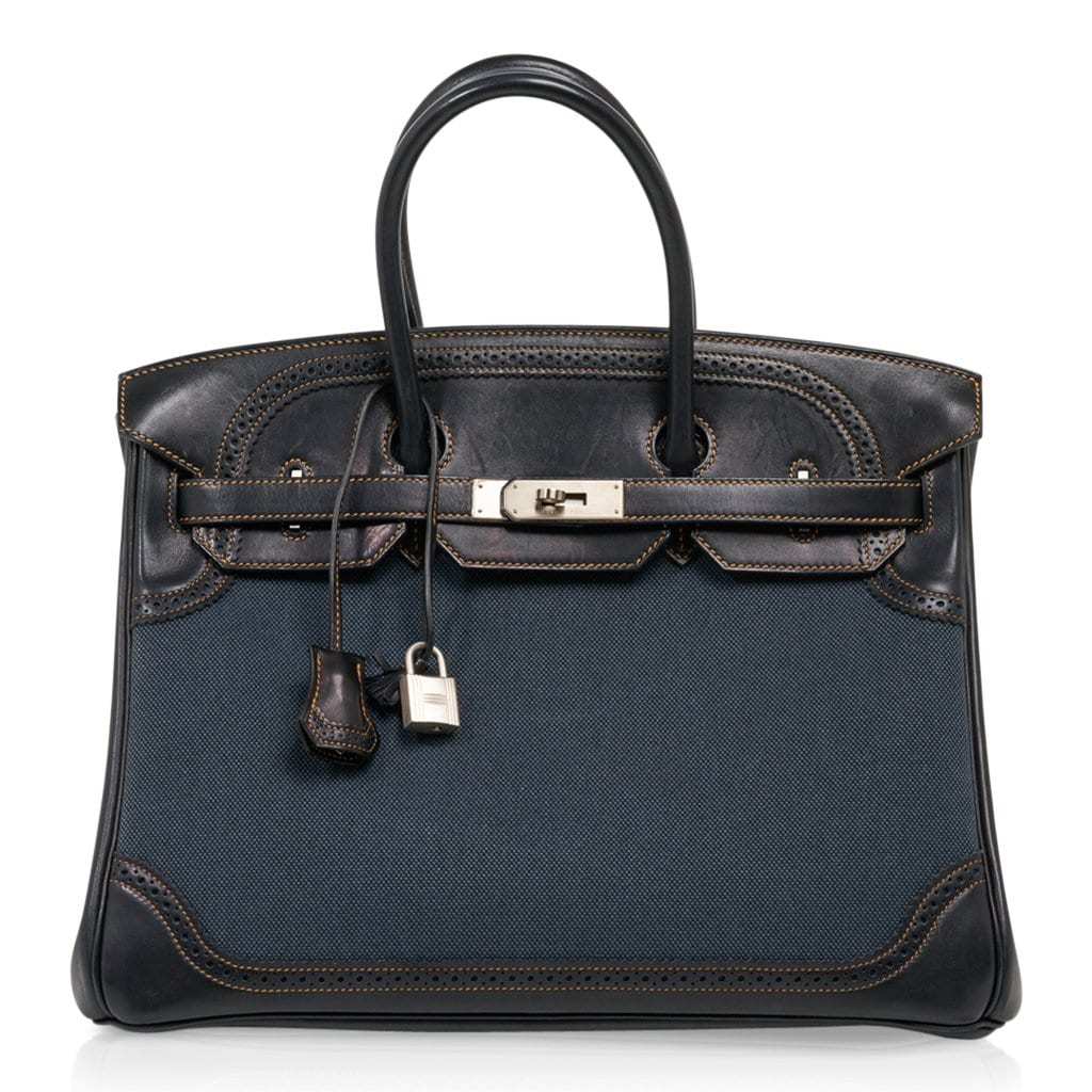 Birkin 35 Ghillies Denim Fonce Toile / Black Evercalf Bag Limited Edition