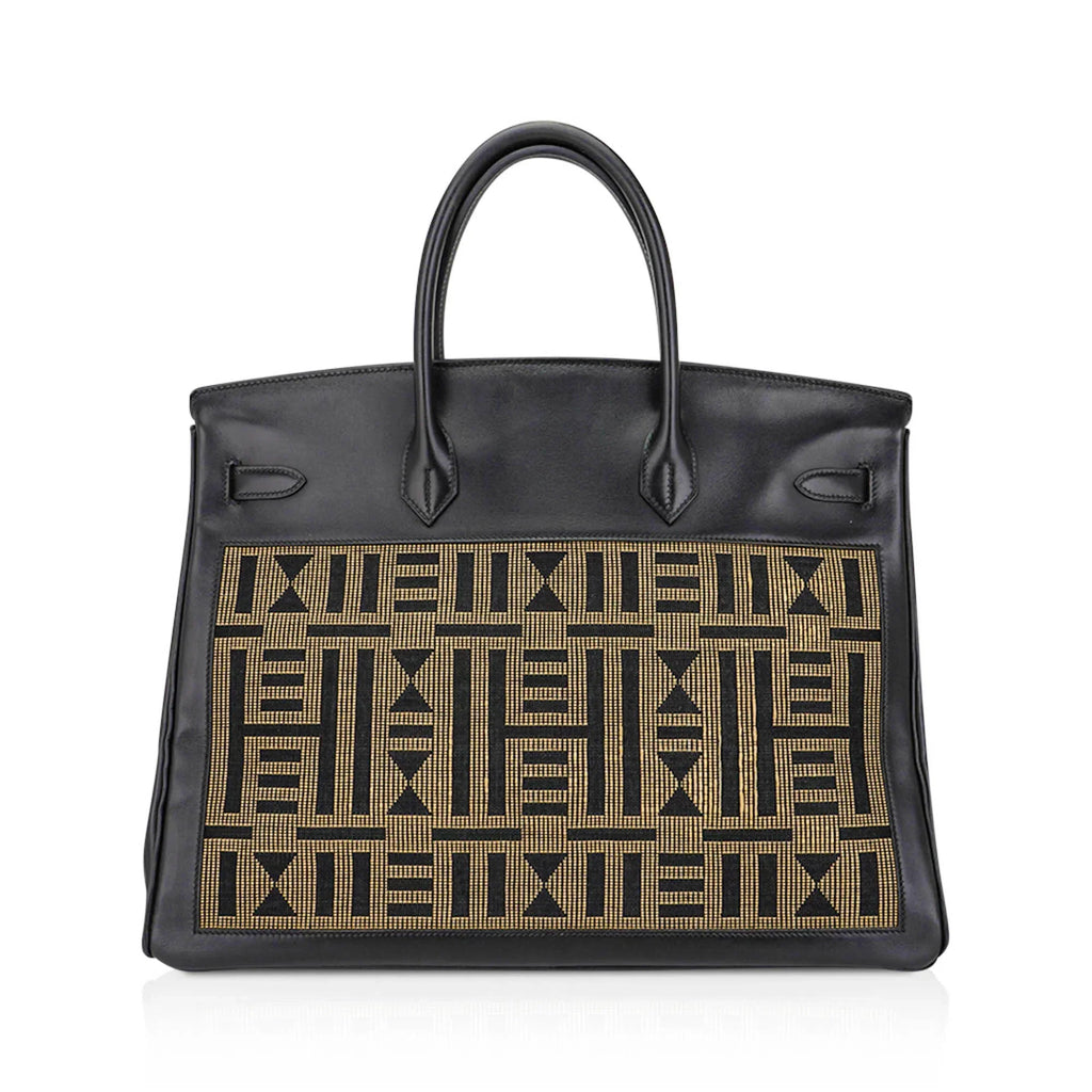 Limited Edition Vintage Horizons Birkin 40 Black Box Leather with Gold Embroidered Toile