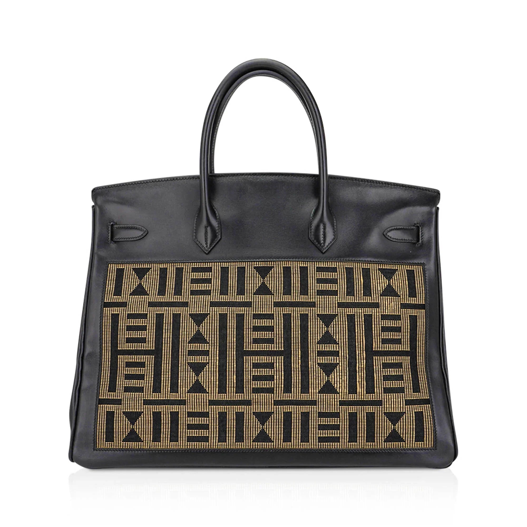 Limited Edition Vintage Horizons Birkin 40 Black Box Leather with Gold Embroidered Toile