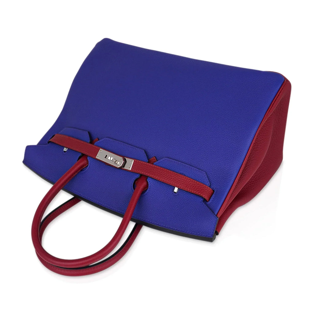 Special Order HSS Birkin 35 Bag Blue Electric & Rouge Granat Togo Leather with Palladium Hardware
