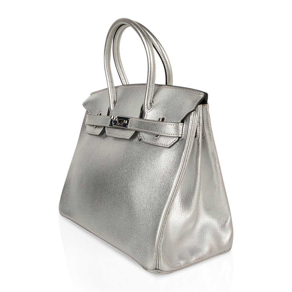 Limited Edition Birkin 30 Bag Silver Metallic Chevre Leather with Palladium Hardware