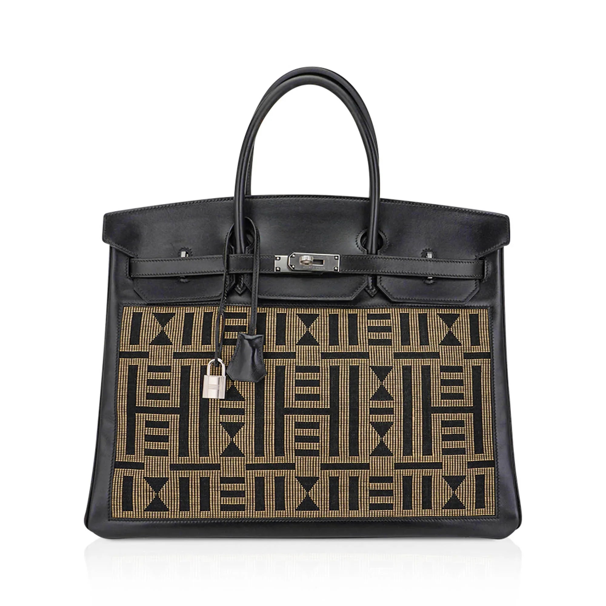 Limited Edition Vintage Horizons Birkin 40 Black Box Leather with Gold Embroidered Toile