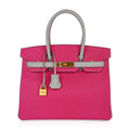 Special Order HSS Birkin 30 Bag Rose Shocking & Gris Perle Chevre Leather with Brushed Gold Hardware