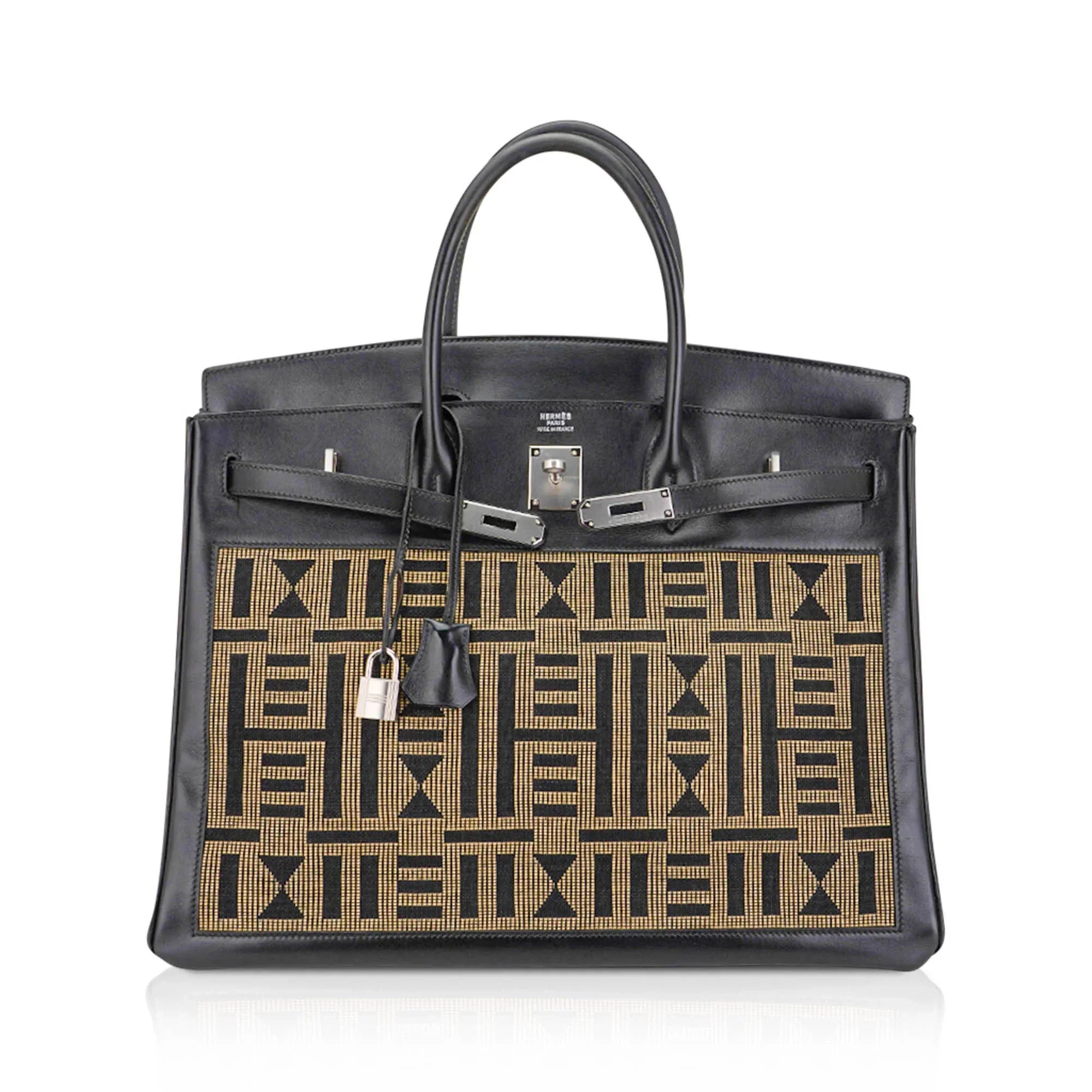 Limited Edition Vintage Horizons Birkin 40 Black Box Leather with Gold Embroidered Toile