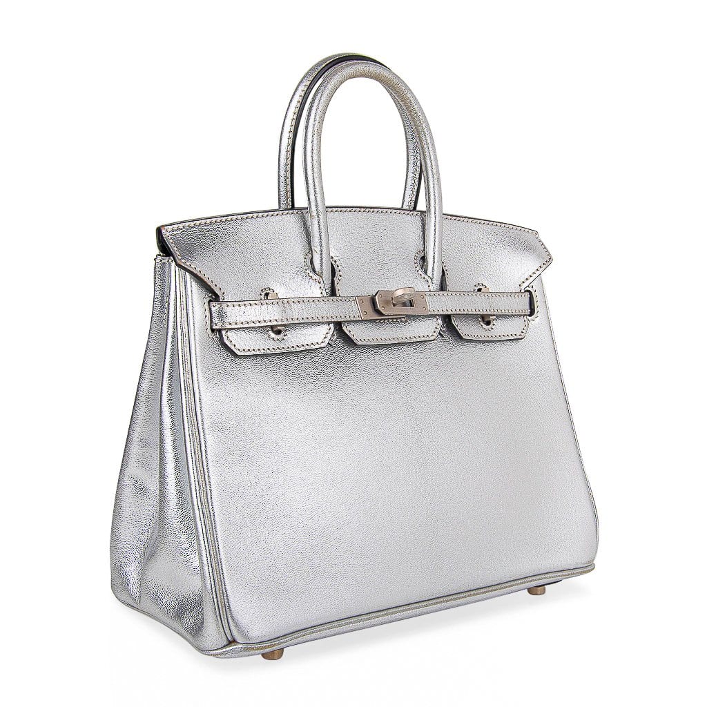 Birkin 25 Bag Metallic Silver Chevre with Brushed Palladium Hardware