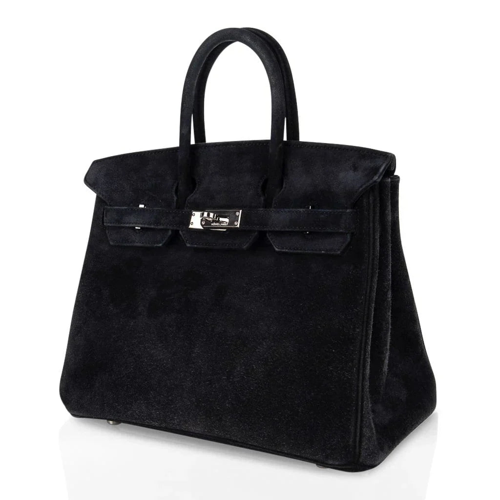 Birkin 25 Bag Black Doblis Suede with Palladium Hardware