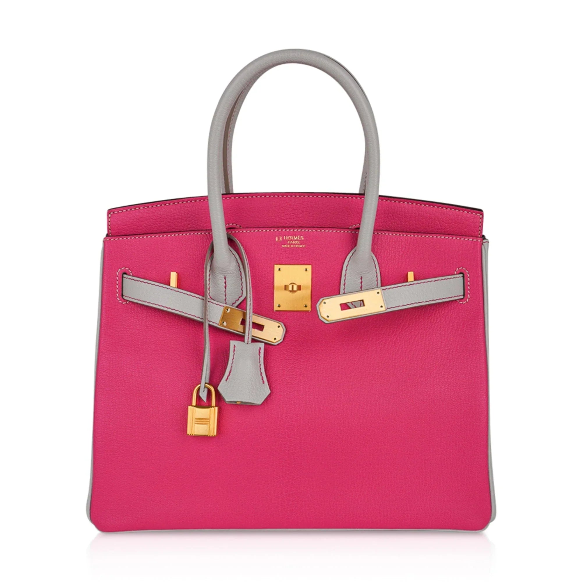 Special Order HSS Birkin 30 Bag Rose Shocking & Gris Perle Chevre Leather with Brushed Gold Hardware