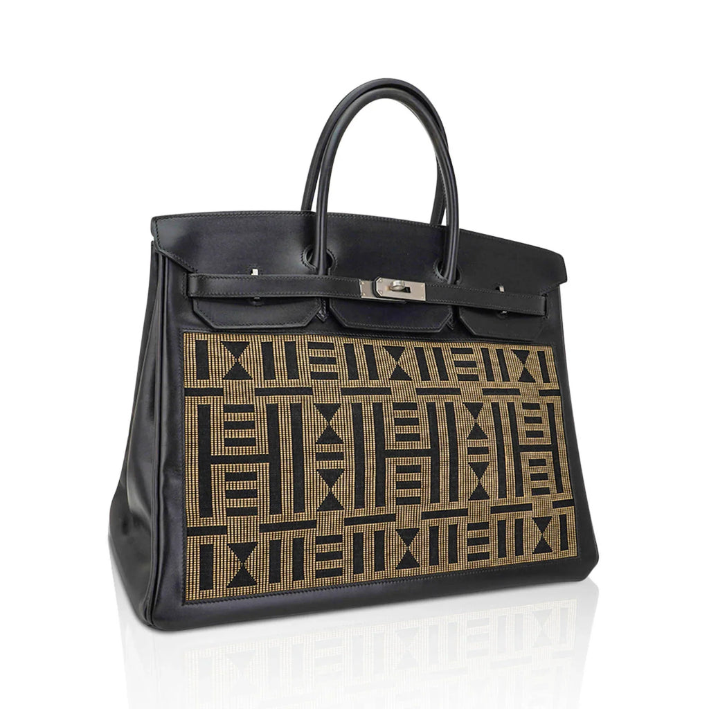 Limited Edition Vintage Horizons Birkin 40 Black Box Leather with Gold Embroidered Toile
