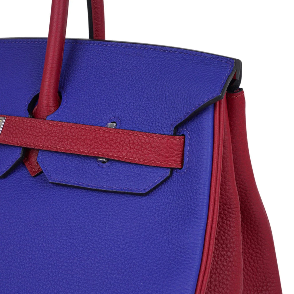 Special Order HSS Birkin 35 Bag Blue Electric & Rouge Granat Togo Leather with Palladium Hardware