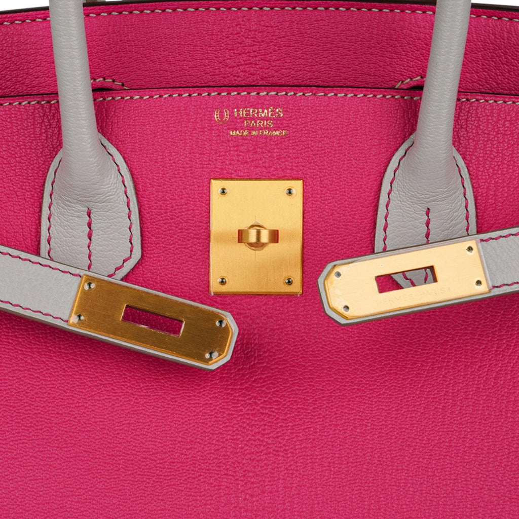 Special Order HSS Birkin 30 Bag Rose Shocking & Gris Perle Chevre Leather with Brushed Gold Hardware