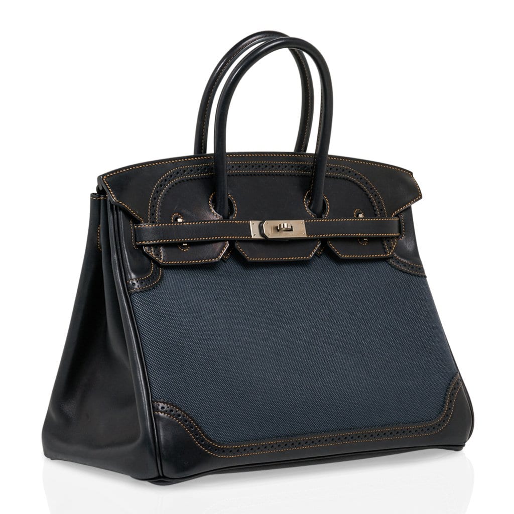 Birkin 35 Ghillies Denim Fonce Toile / Black Evercalf Bag Limited Edition