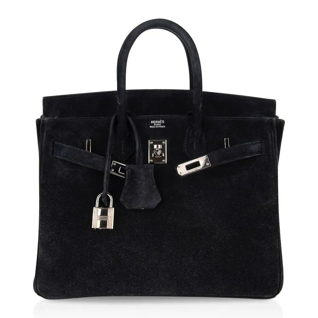 Birkin 25 Bag Black Doblis Suede with Palladium Hardware
