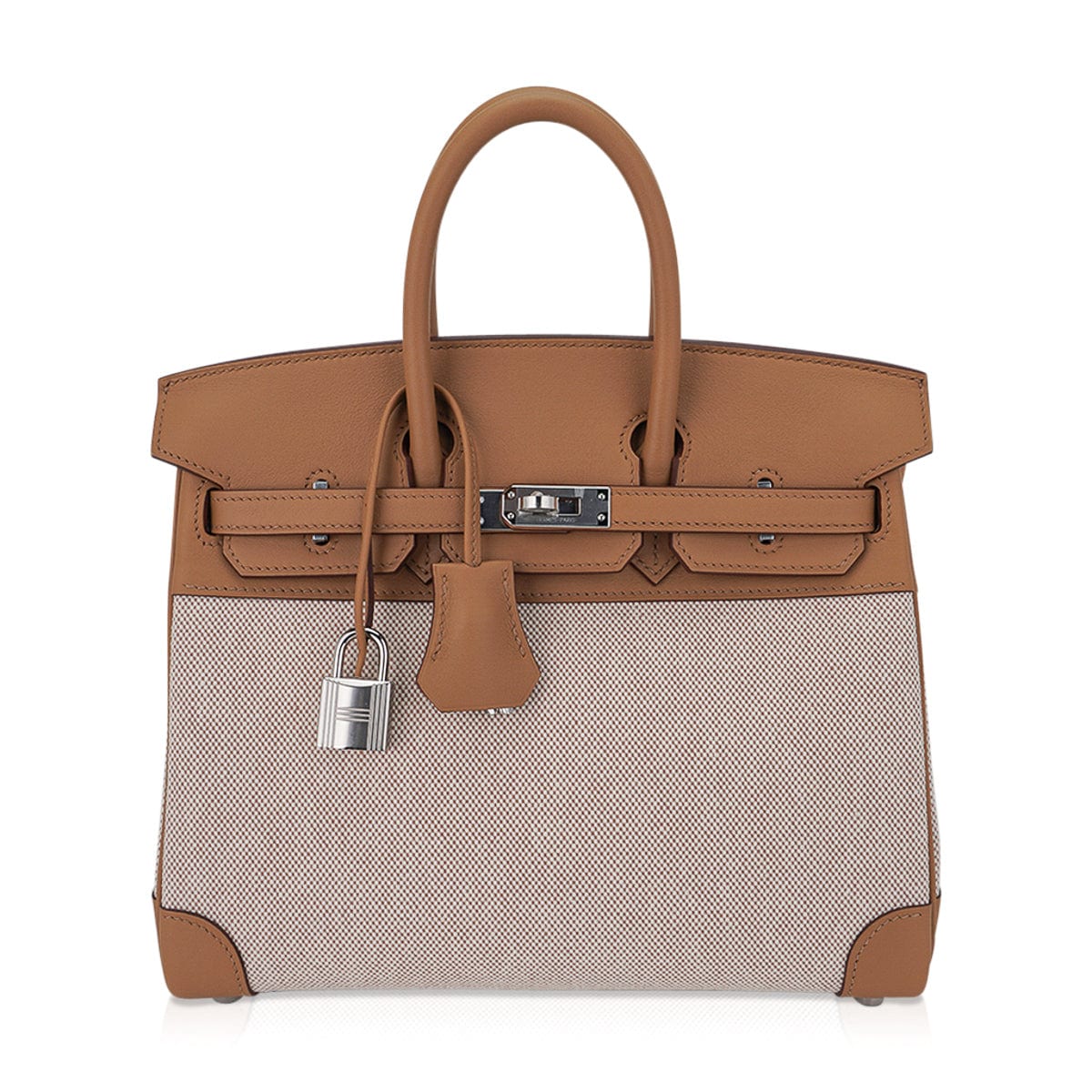 Limited Edition Birkin 25 Bag in Biscuit Swift Leather & Ecru Toile H with Palladium Hardware