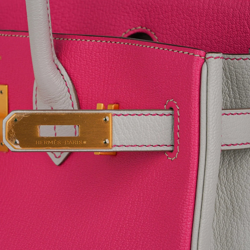 Special Order HSS Birkin 30 Bag Rose Shocking & Gris Perle Chevre Leather with Brushed Gold Hardware