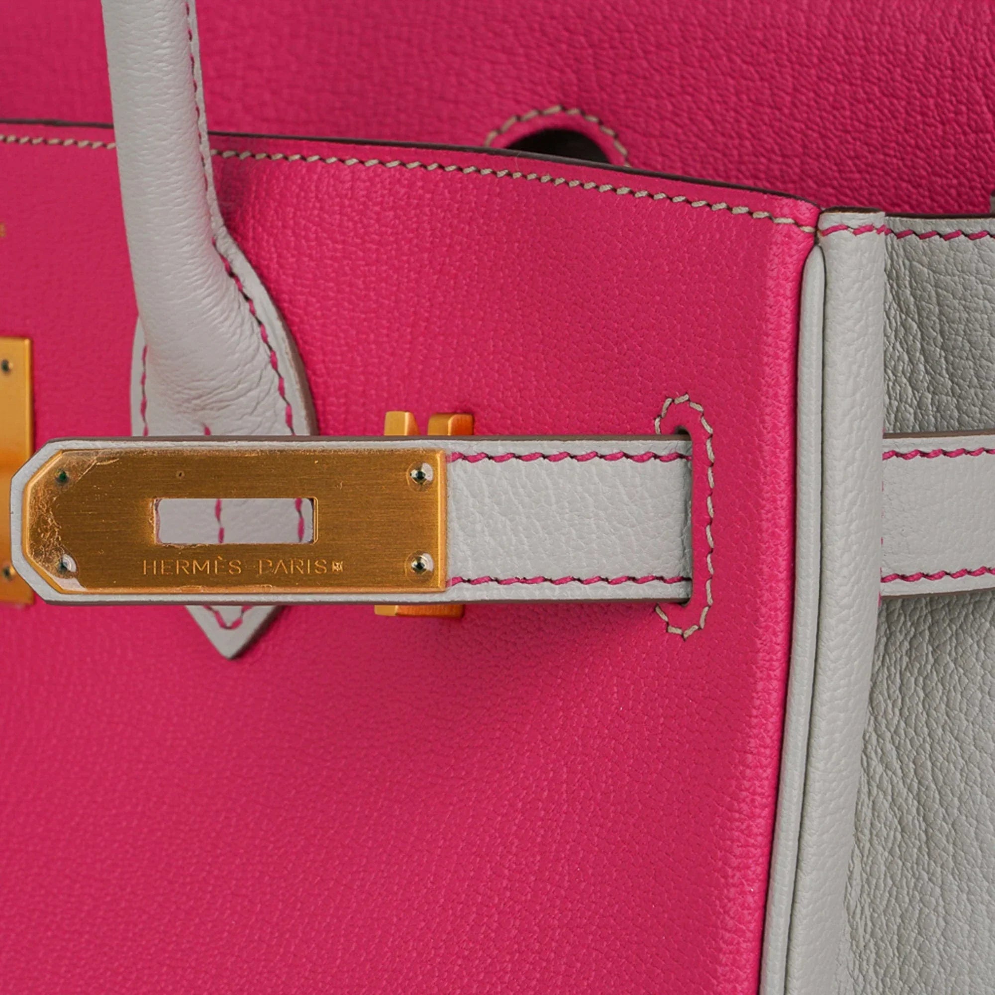 Special Order HSS Birkin 30 Bag Rose Shocking & Gris Perle Chevre Leather with Brushed Gold Hardware