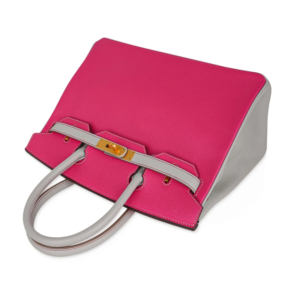 Special Order HSS Birkin 30 Bag Rose Shocking & Gris Perle Chevre Leather with Brushed Gold Hardware