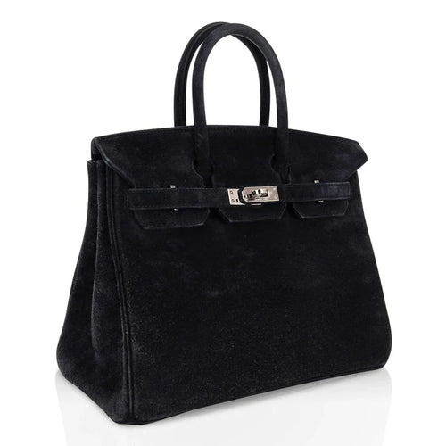 Birkin 25 Bag Black Doblis Suede with Palladium Hardware