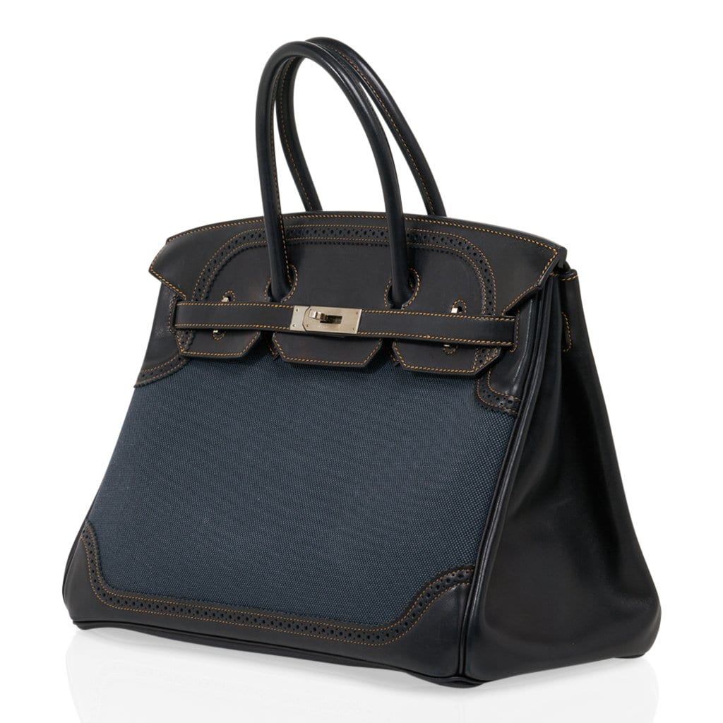 Birkin 35 Ghillies Denim Fonce Toile / Black Evercalf Bag Limited Edition