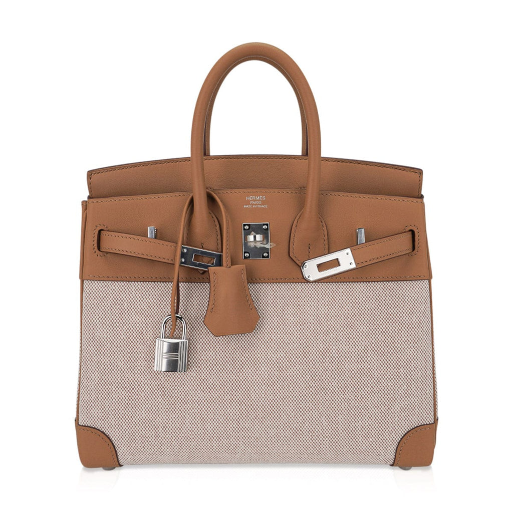 Limited Edition Birkin 25 Bag in Biscuit Swift Leather & Ecru Toile H with Palladium Hardware