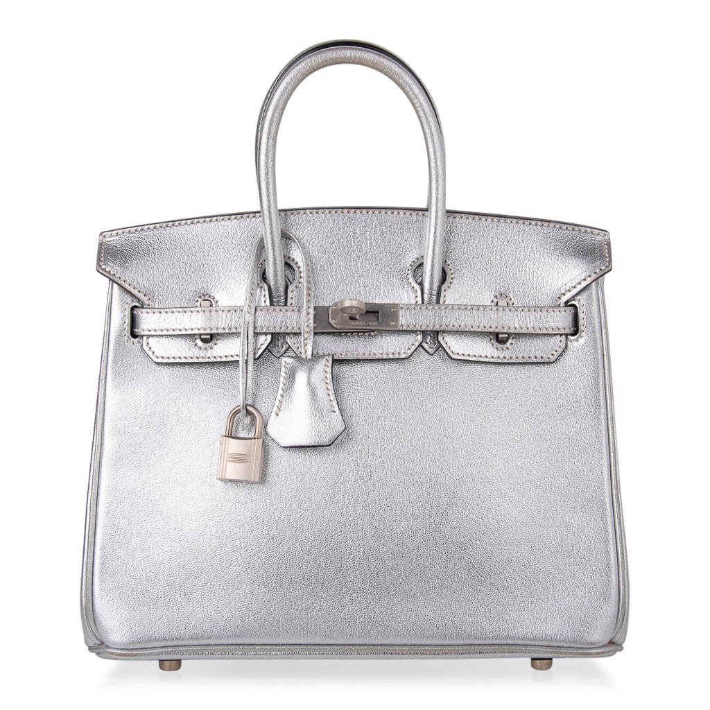 Birkin 25 Bag Metallic Silver Chevre with Brushed Palladium Hardware