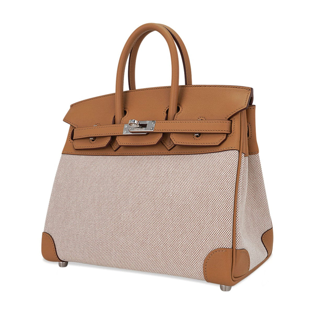 Limited Edition Birkin 25 Bag in Biscuit Swift Leather & Ecru Toile H with Palladium Hardware