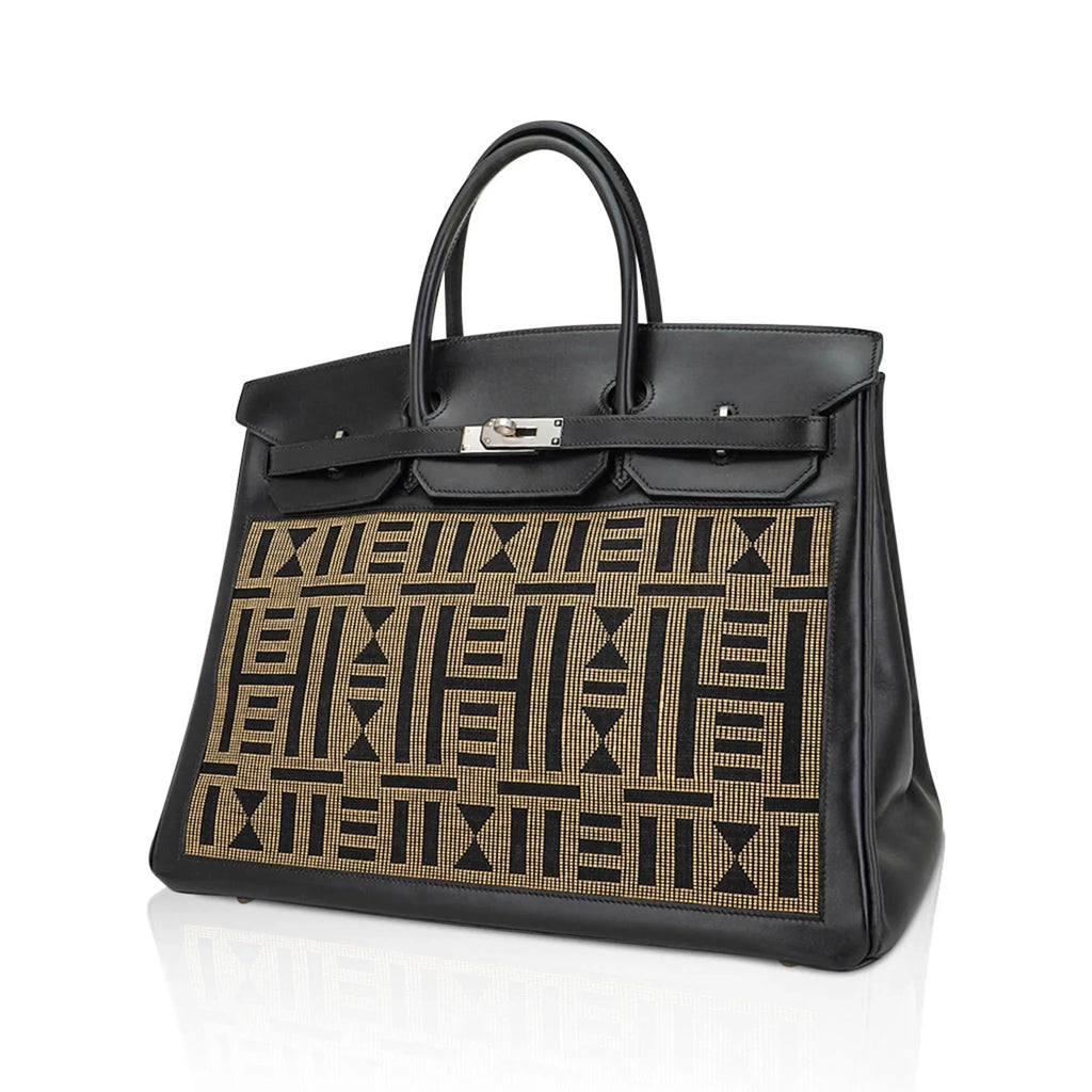 Limited Edition Vintage Horizons Birkin 40 Black Box Leather with Gold Embroidered Toile