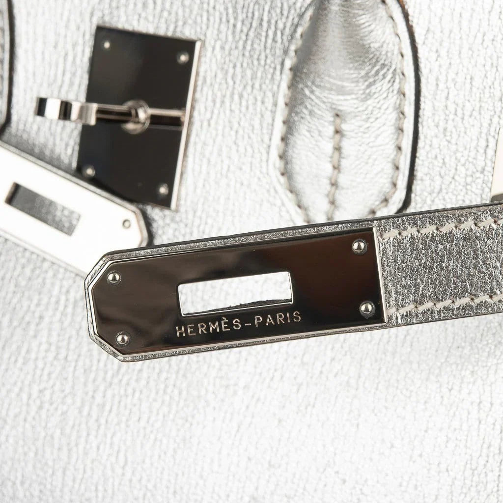 Limited Edition Birkin 30 Bag Silver Metallic Chevre Leather with Palladium Hardware